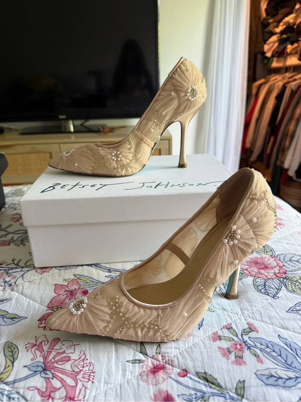 Betsey Johnson Women's Beige Embellished Pointed-Toe Pumps